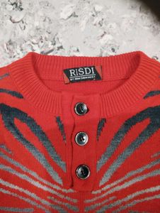 Red Graphic Print Button-Up Sweater
