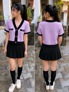 Cute Lavender Knit Button-Up Top