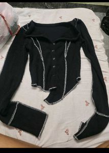 Ribbed Black Button-Up Top