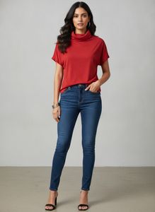 Red Turtleneck Short Sleeve Top
