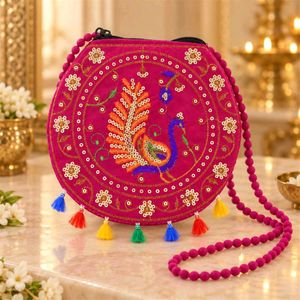 Embroidered Peacock Round Pouch