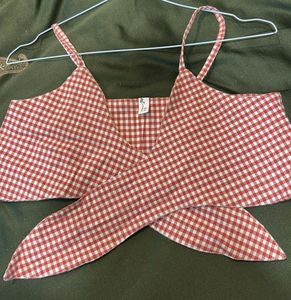 Red Gingham Knot Front Crop Top adjustable
