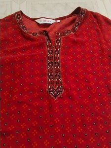 Red Printed Kurta with Embellishments