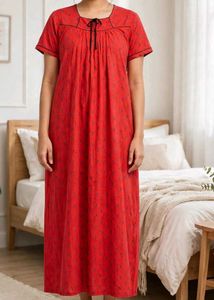 Red cotton printed nighty for women - free size -