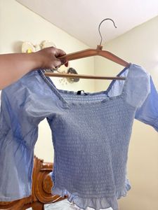 Blue Smocked Square Neck Top