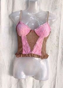 Cute Pink &amp; Brown Lace Corset Top