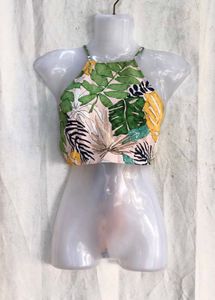 19810. Tropical Print Halter Neck Crop Top