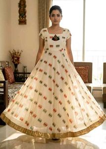 Elegant Cream Block Print Gown