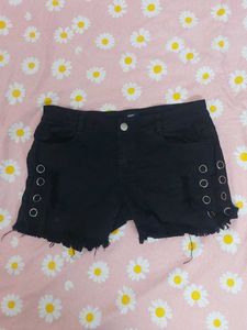 Black Denim Shorts with Grommets