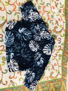 Navy Blue Tropical Print Crop Shirt