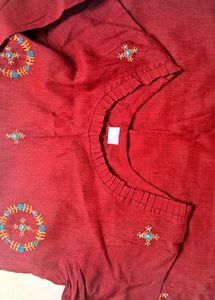Designer Neck Red Embroidered Kurti