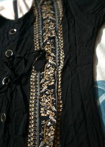 Black Button-Down Top with Floral Trim
