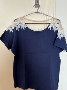 Navy Tee with Lace Shoulders