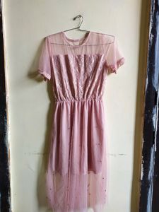 Romantic Pink Mesh &amp; Embroidered Midi Dress