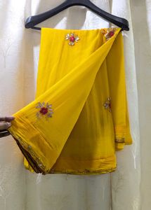 Chiffon Yellow Handwork Saree Blouse Set