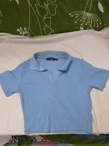 Style Union Powder Blue Ribbed Crop Polo Top