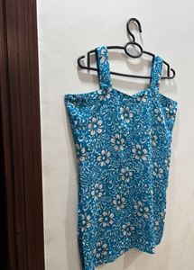 Blue Floral Print Sleeveless short kurti