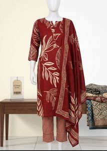 Brown Floral Print Kurta Set with Dupatta