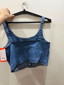 Blue solid cotton fitted crop top