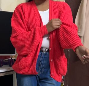 Red Cable Knit Cardigan(M)