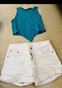 Teal Crop Top & White Denim Shorts Set