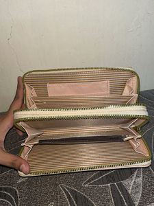 Chic Beige Textured Wallet with Pom Po
