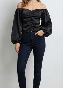 Black Satin Ruched Puff Sleeve Top