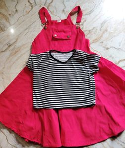 Pink Overalls Dress with Striped Top Set