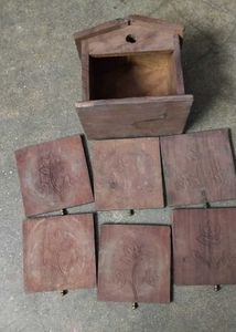 Vintage Hand Carved Wooden Box &amp; Coasters
