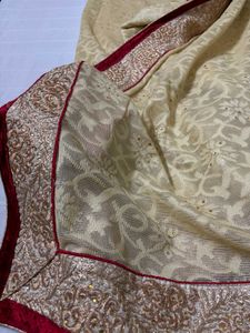 Cream &amp; Maroon Embroidered Saree With Blouse