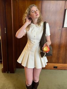 Beige Pleated Mini Dress