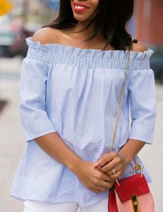 Chic Blue Striped Off-Shoulder Top