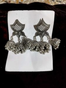 Boho Oxidized Silver Jhumka Earrings