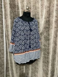 Boho Print Tassel Neck Blouse