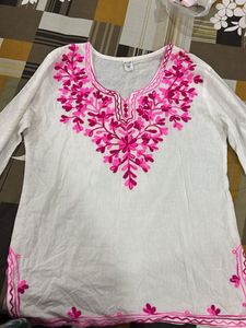 White Kurta with Pink Embroidery