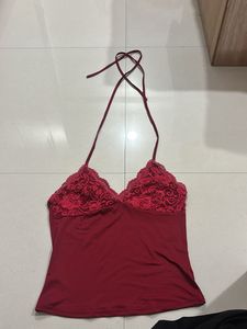 Red Lace Trim Halter Top
