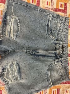 Ripped Denim Shorts with Rhinestones