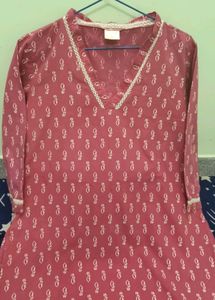 Pink Printed Kurta with White Lace