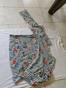 Chic Striped Floral Cold Shoulder Top