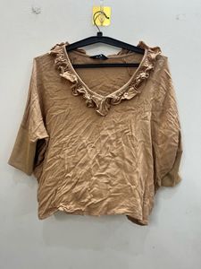 Brown Ruffled V-Neck Top
