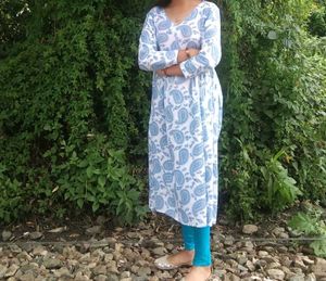 White Kurta with Blue Paisley Print