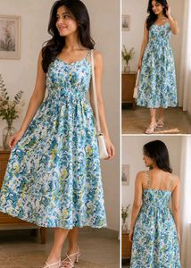 Blue & White Printed Midi Dress Adjustable Straps