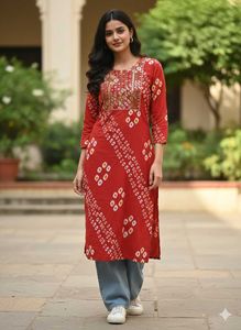 Red Bandhani Print Kurta with Embroidery