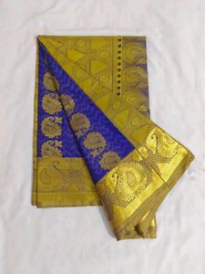 Exquisite Blue &amp; Gold Silk Saree