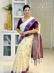 Elegant Cream &amp; Purple Saree