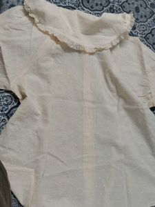 Cream Swiss Dot Ruffle Collar Blouse