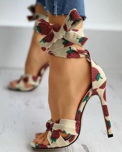Strawberry Print Lace-Up Heels