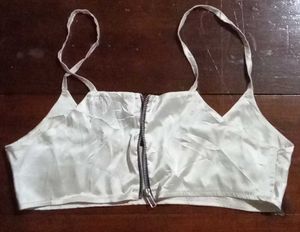 White Satin Zipper Halter Bra Top