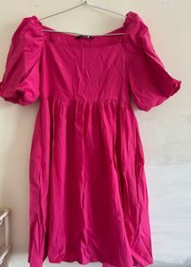 Chic Pink Puff Sleeve Square Neck Dress