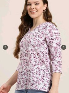 V neck floral print white short kurti